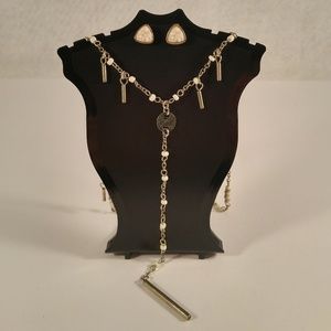 Necklace earring set gold bar beaded Y white druzy